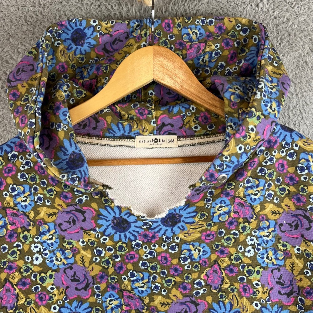 Natural Life Floral Hoodie Oversized Pullover Blue Purple Green S/M - Picture 4 of 12